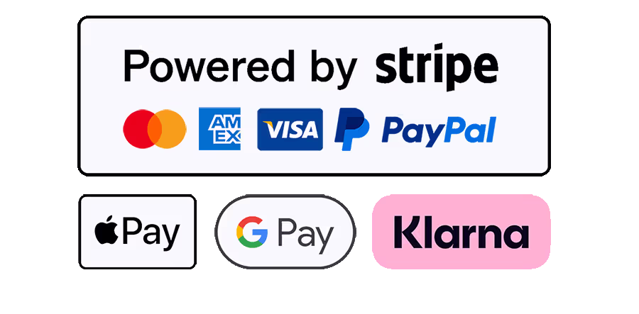 We accept Mastercard, Visa, American Express, PayPal, Apple Pay, Google Pay and Klarna