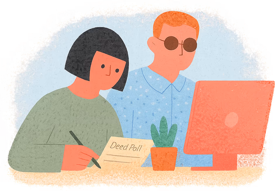 Two paralegals at a shared desk, one writing on a Deed Poll while the other reads it over her shoulder beside a computer