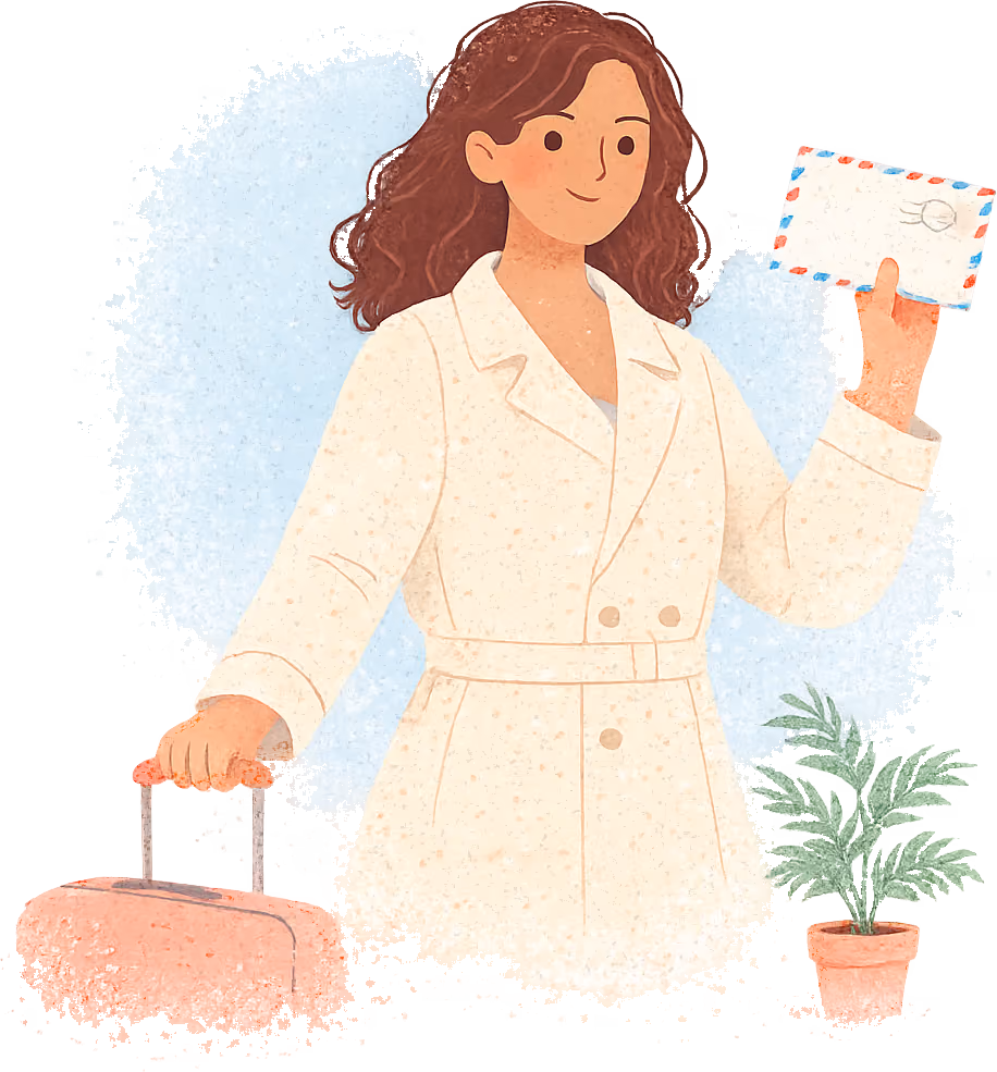 A young woman with wavy chestnut hair, in a cream coat, holding up an airmail envelope and pulling a small coral suitcase, a potted palm beside her