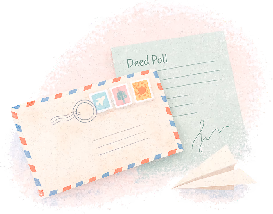 An airmail envelope with three picture stamps lying over a green Deed Poll, with a paper aeroplane beside it