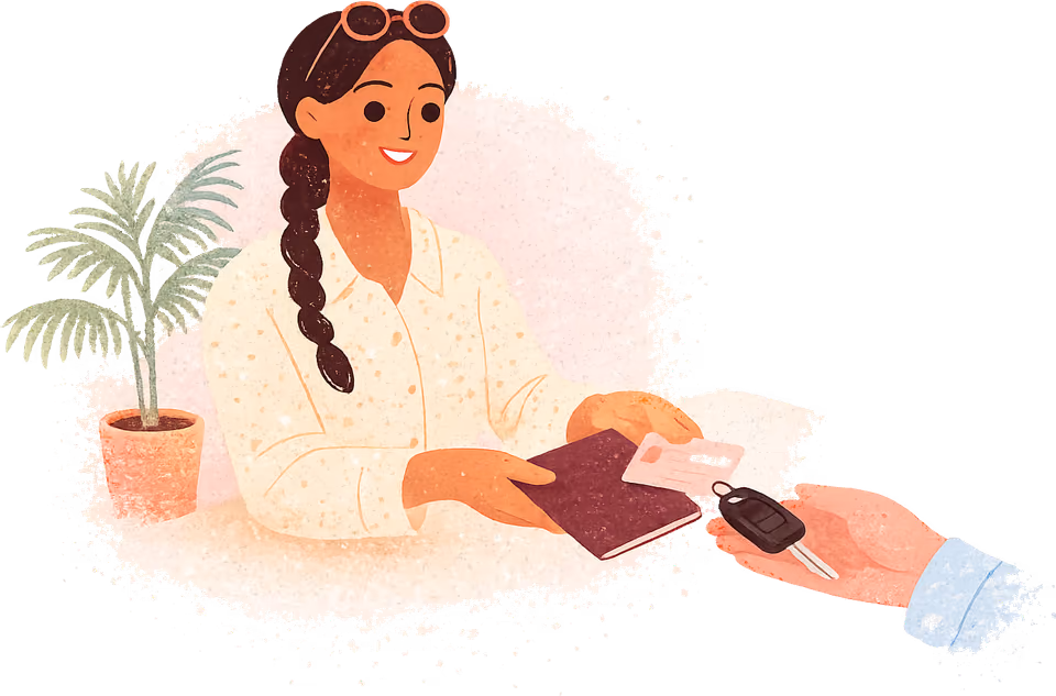 A smiling woman with a long black plait and sunglasses pushed up on her head, in a cream shirt, handing a passport and a licence card across a desk to a clerk who holds out a car key, a potted palm beside her