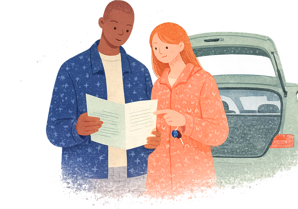A bald man in a navy jacket holding open a folder of papers while a woman with long red hair, in a coral jacket, points at a sheet and holds the car keys, the open boot of their green car behind them