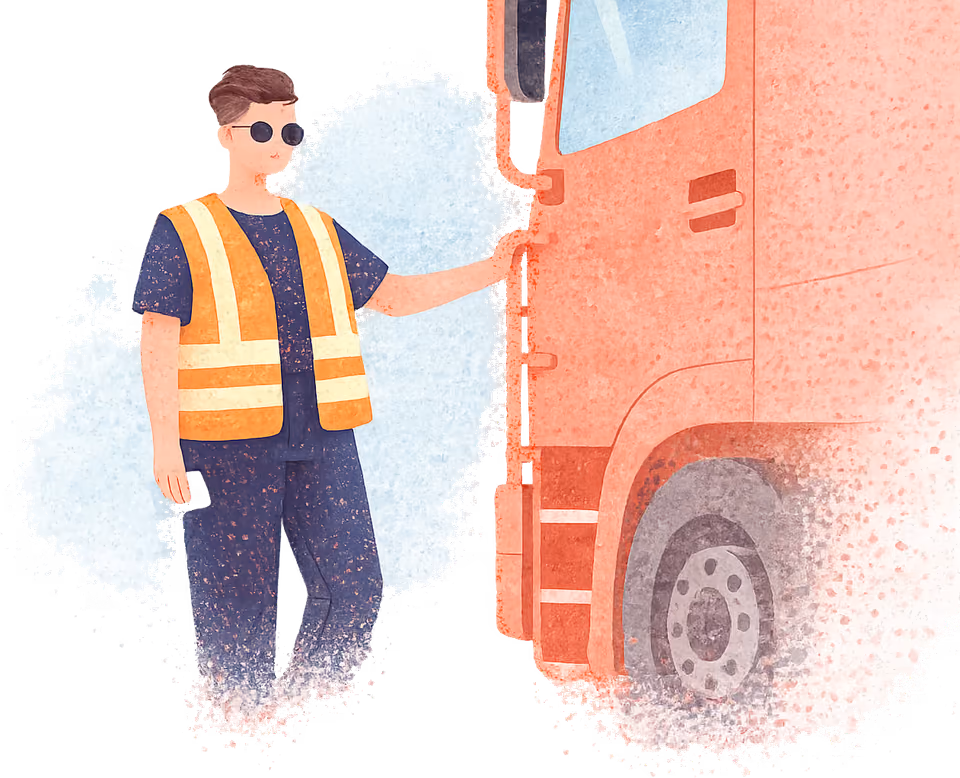 A lorry driver in a hi-vis vest and small round sunglasses standing by the cab of a terracotta lorry, a small card in hand