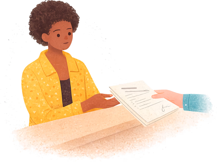 A young woman with a curly afro in a mustard jacket at a plain wooden counter, taking a cream paper form with grey lines from a clerk’s hand in a teal cuff