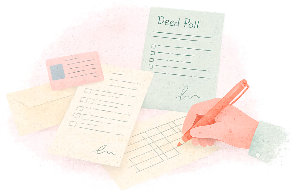 A hand in a sage cuff filling in a cream form of small boxes with a coral pen, beside a green Deed Poll, a pink licence card and an envelope