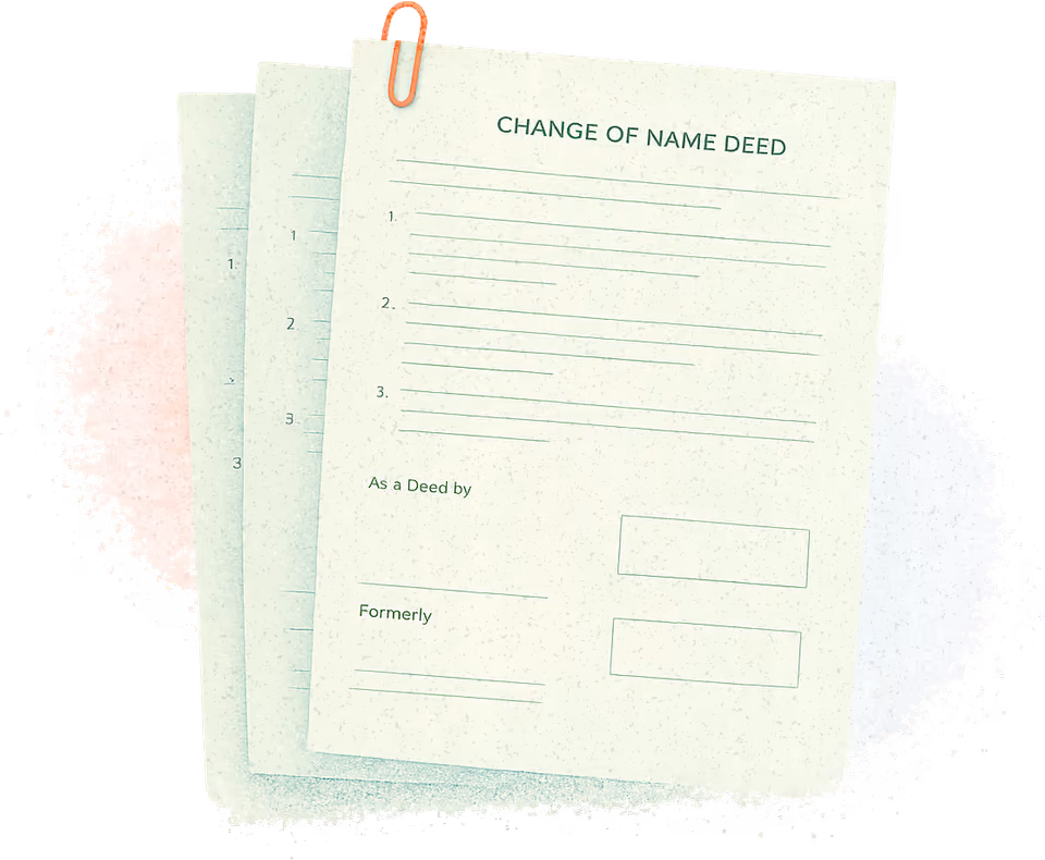 Three green sheets fanned out, each headed Change of Name Deed with two signature boxes: the Deed Poll on top and two certified copies behind it, held by a coral paperclip