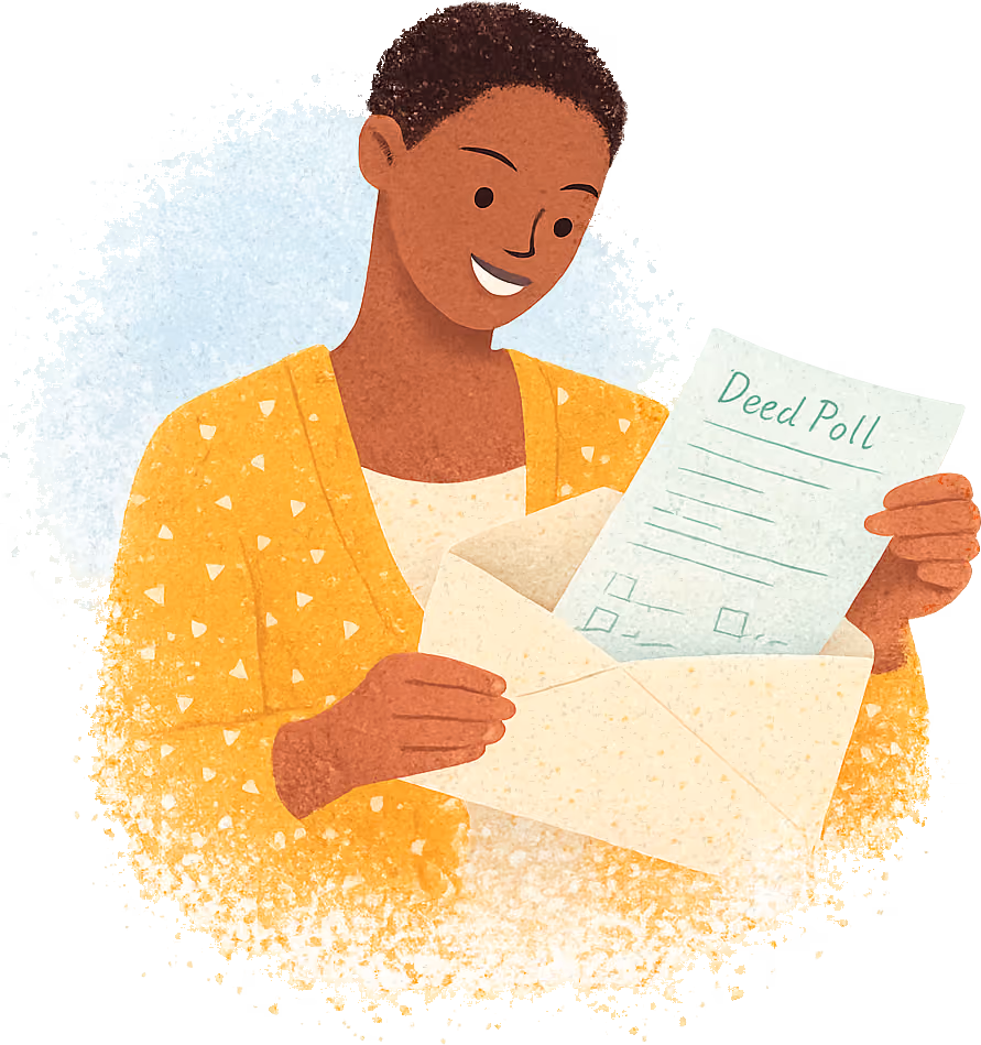 A smiling young woman in a mustard cardigan sliding a green Deed Poll out of a cream envelope