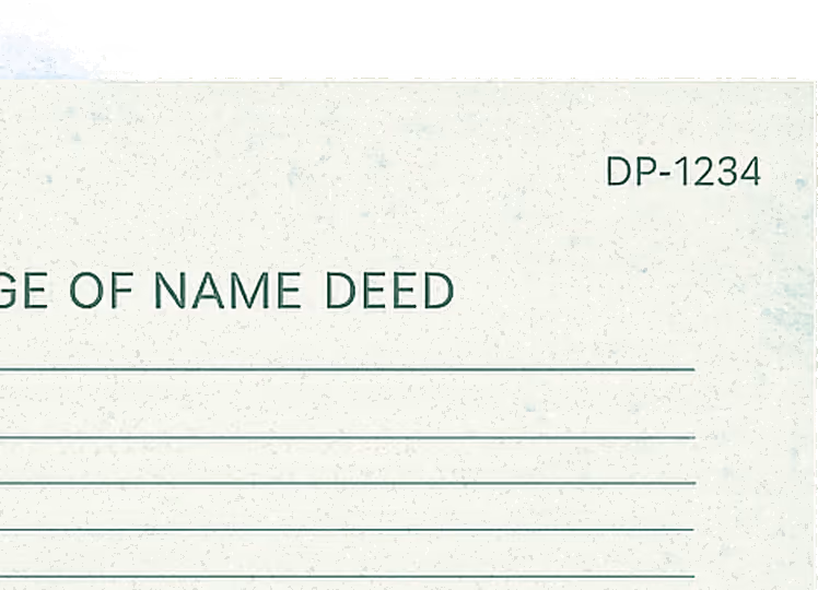 Close-up of the top right corner of our Deed Poll, with the reference DP-1234 printed small above the end of the heading Change of Name Deed