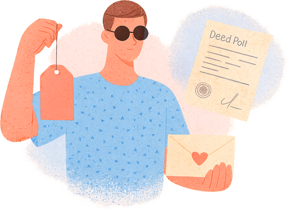 A man holding up a blank price tag and a sealed envelope, beside a Deed Poll