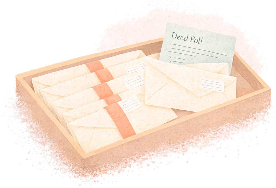 A wooden tray of sealed cream envelopes tied with a coral band, ready for the post, with a green Deed Poll peeking out of one open envelope