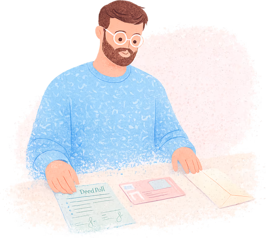 A bearded man in round glasses and a blue jumper at a table, laying out a green Deed Poll, a pink driving licence card and an envelope