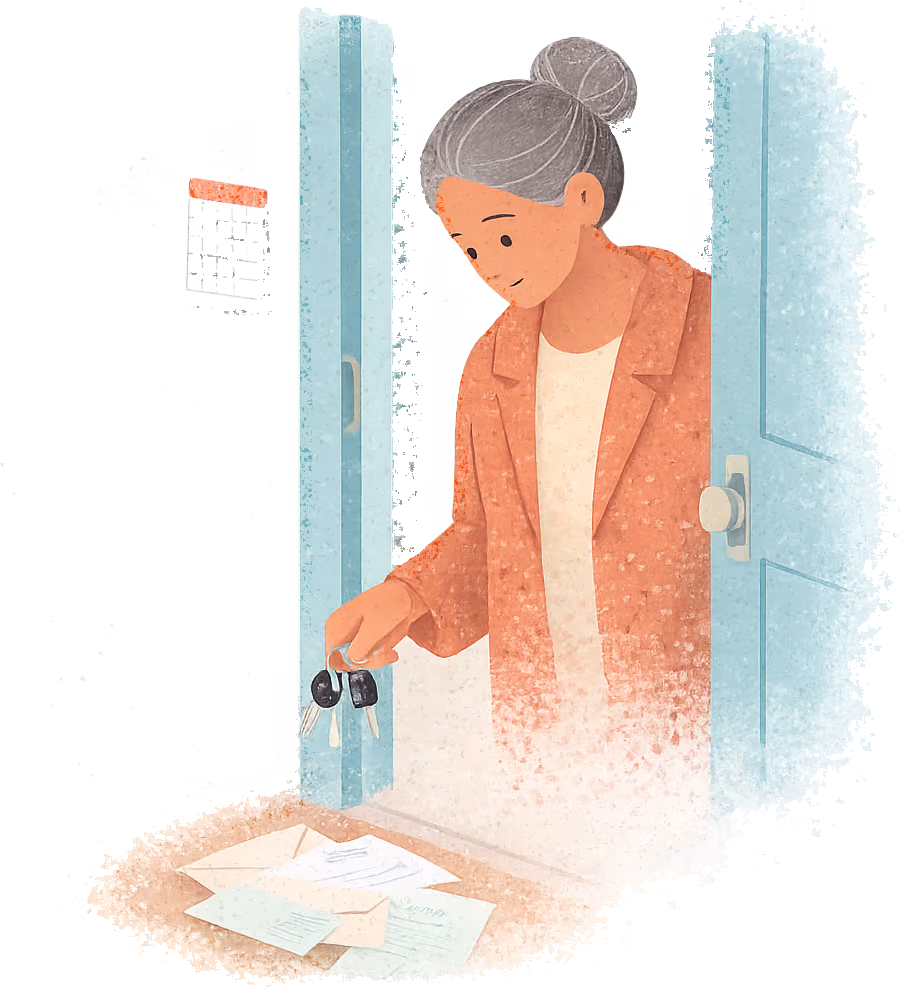 An older woman with a grey bun at her open teal front door, holding her car keys and looking down at the envelopes on the doormat, with a small calendar on the wall