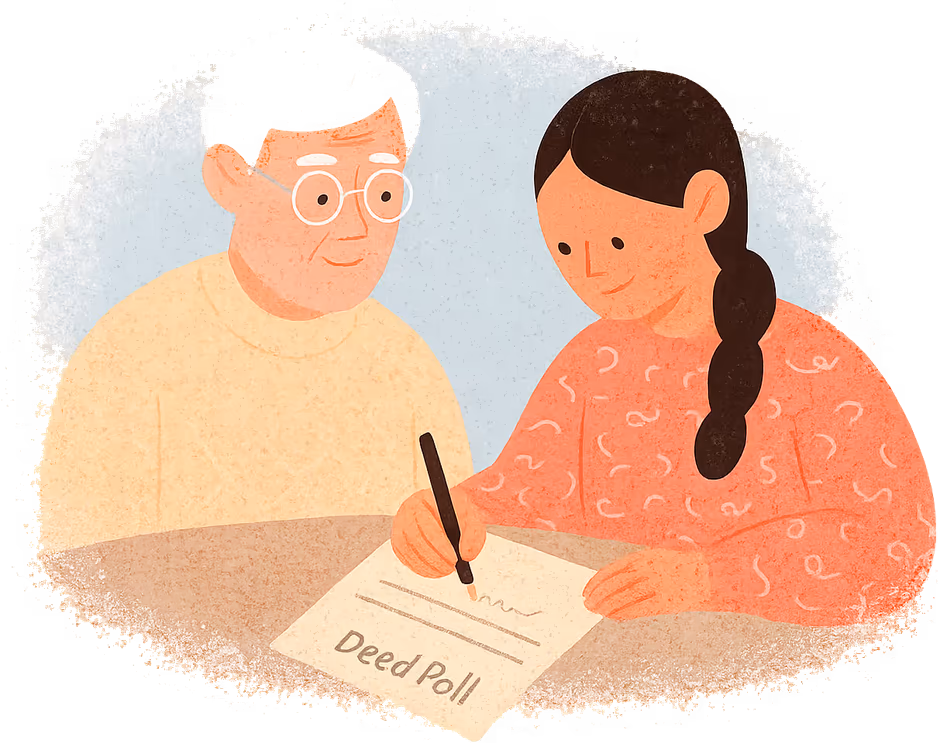 A young woman signing a Deed Poll at a table while an older neighbour watches her sign
