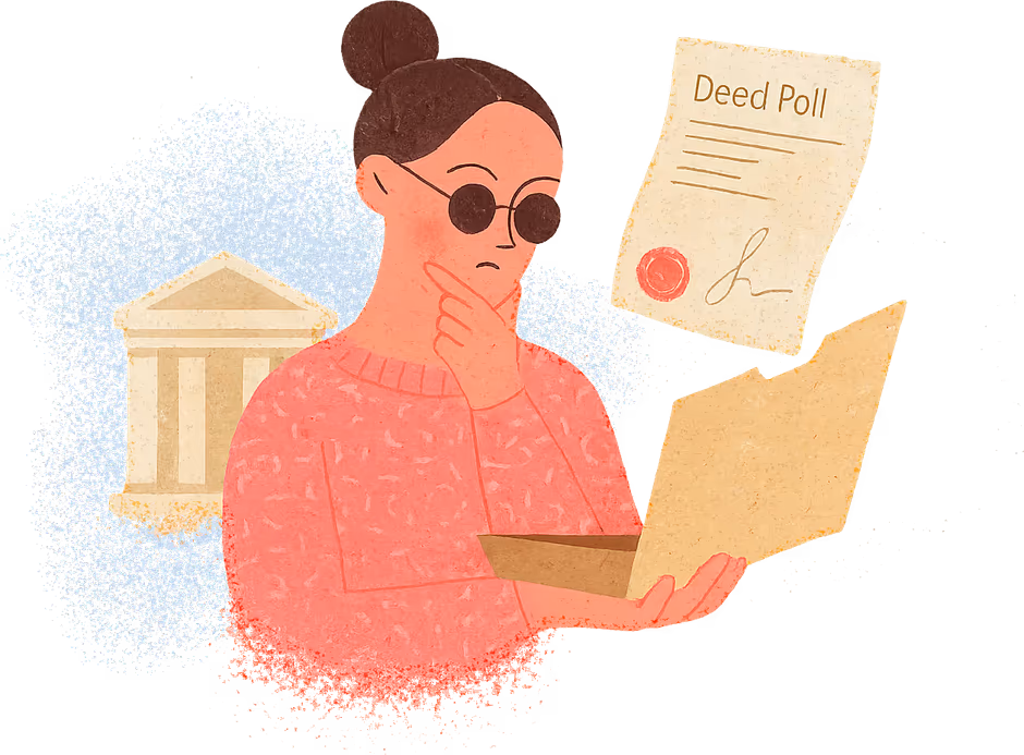 A woman frowning into an empty folder beside a government building, while a new Deed Poll floats towards her
