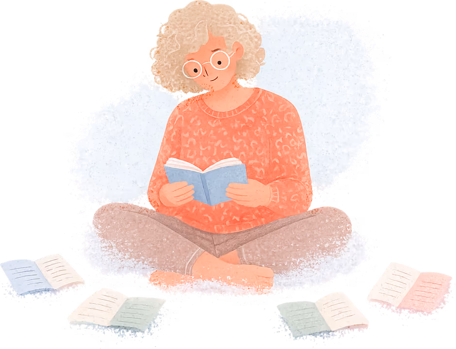 A woman in round glasses sitting cross-legged, reading one of the open guides spread around her