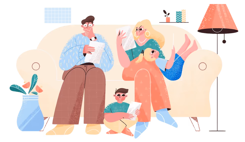A family on their sofa reading the Deed Polls and guides that arrived in the post