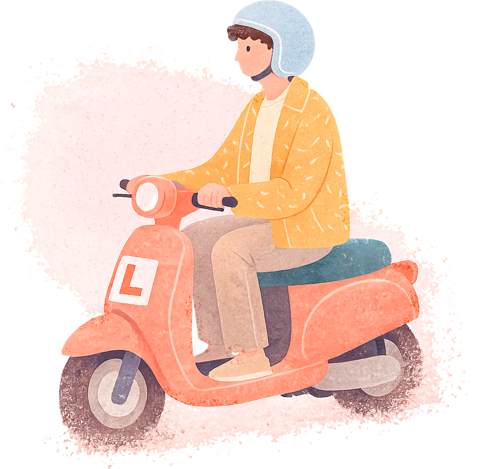 A young man in an open-face helmet riding a coral moped with an L plate on the front