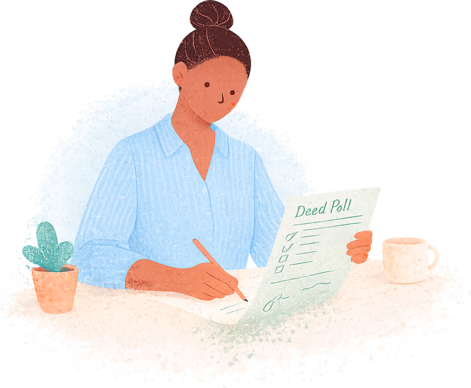 A paralegal with her hair in a high bun and a striped blue blouse at her desk, checking a green Deed Poll with a coral pencil and ticking a short checklist, a plant and a cup beside her