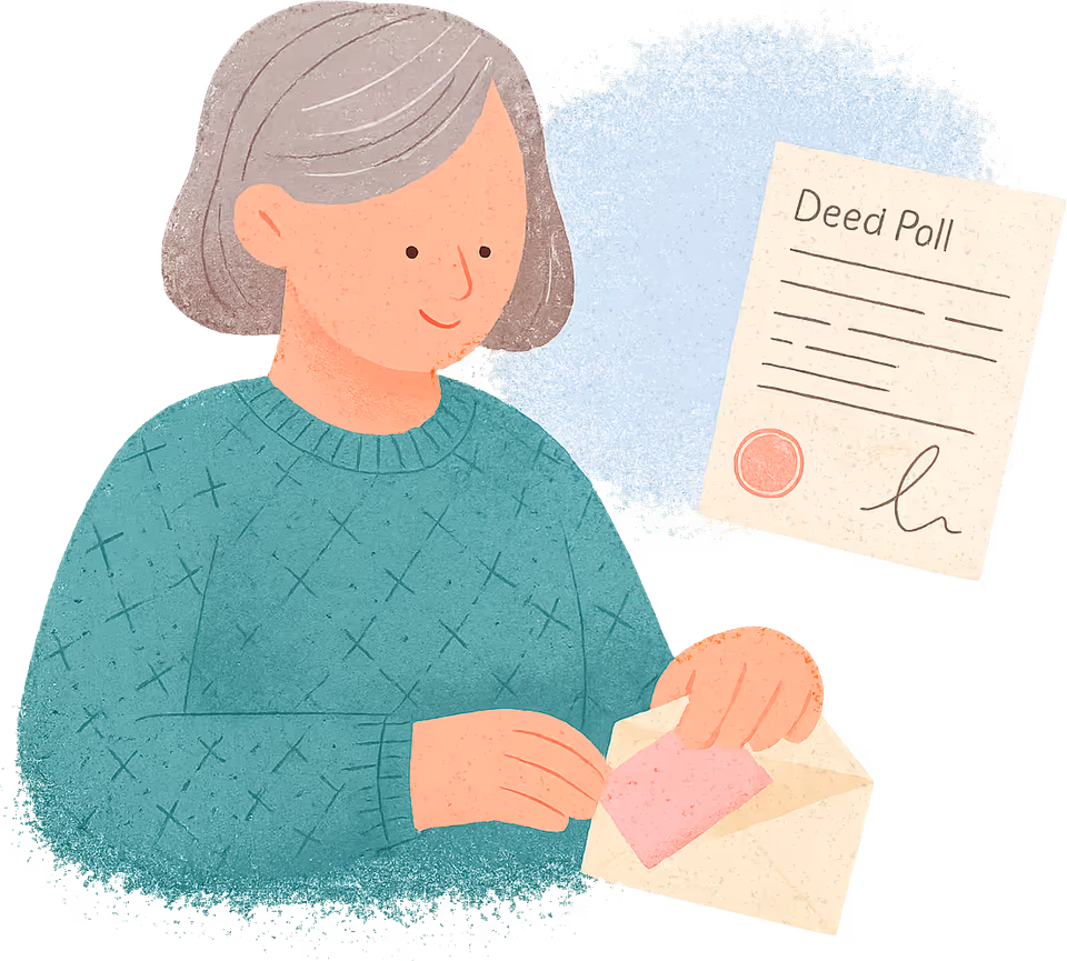 A woman with a short grey bob sliding her photocard driving licence into an envelope, with a Deed Poll beside her