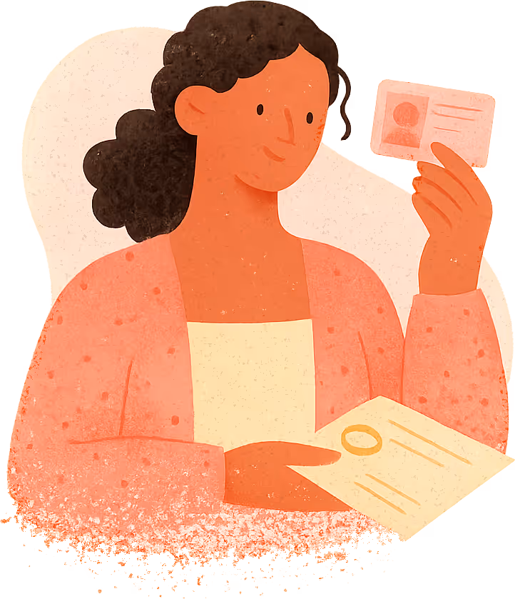 A newly married woman holding up her photocard driving licence, with her marriage certificate and wedding ring in her other hand