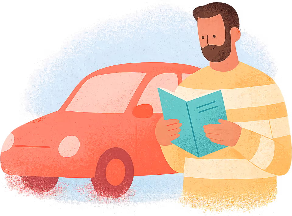 A bearded man in a striped jumper reading his vehicle log book beside his red car