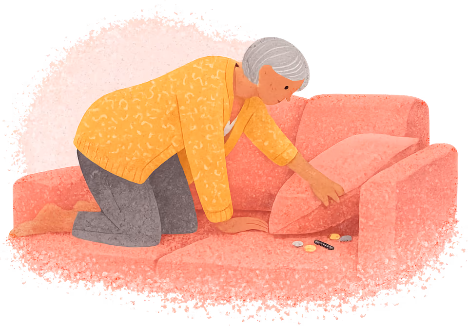 A woman with a short silver bob in a mustard cardigan kneeling on a coral sofa, reaching down behind the cushions, a few coins beside her