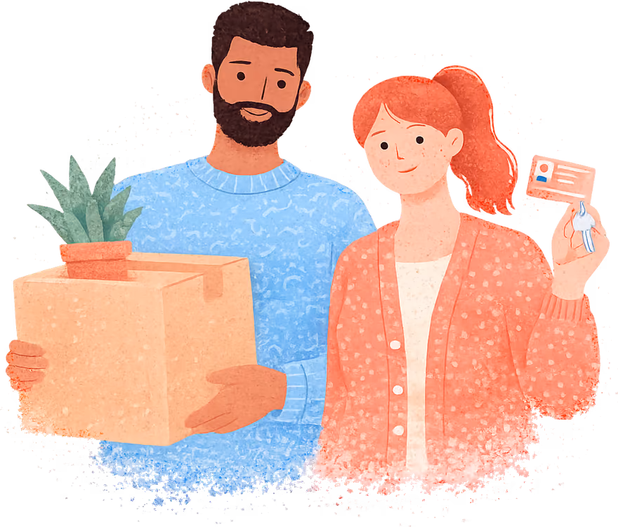A bearded man in a blue jumper carrying a moving box with a plant in it, and a woman with a red ponytail in a coral cardigan holding up a licence card and a house key