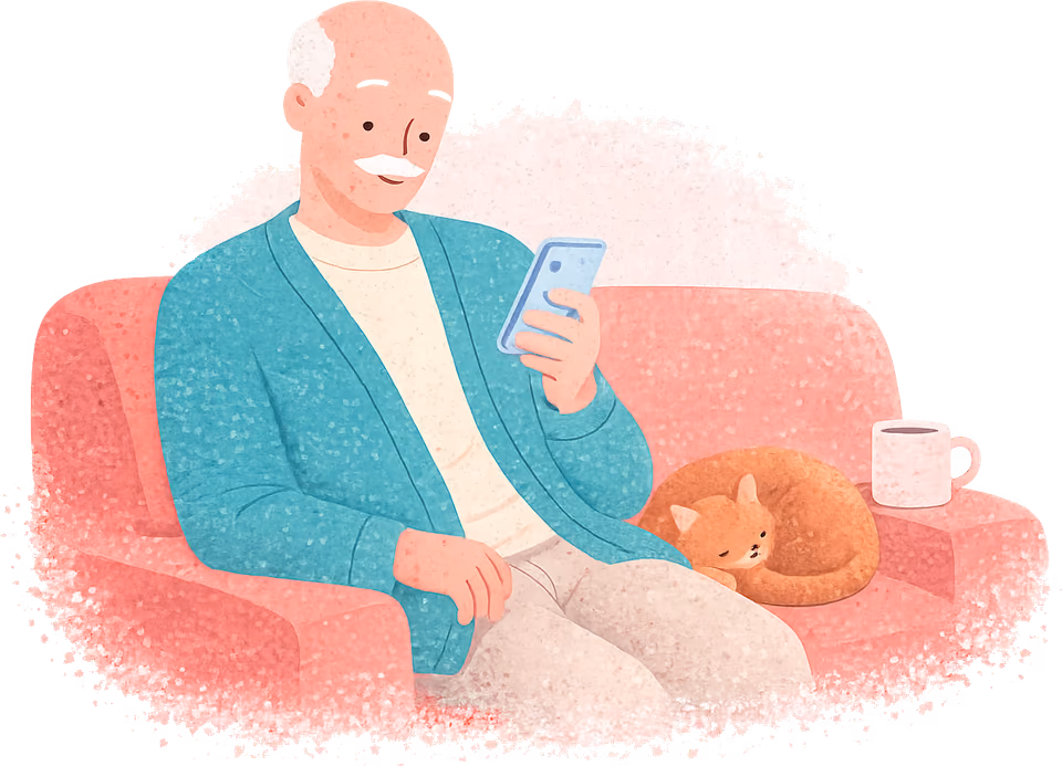 A bald man with a white moustache, in a teal cardigan, smiling at his phone on a coral sofa, with a ginger cat asleep beside him and a mug on the arm