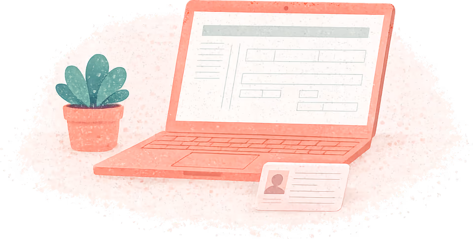 A coral laptop showing a blank form of boxes and lines on its screen, with a driving licence card on the desk in front of it and a small potted plant beside it