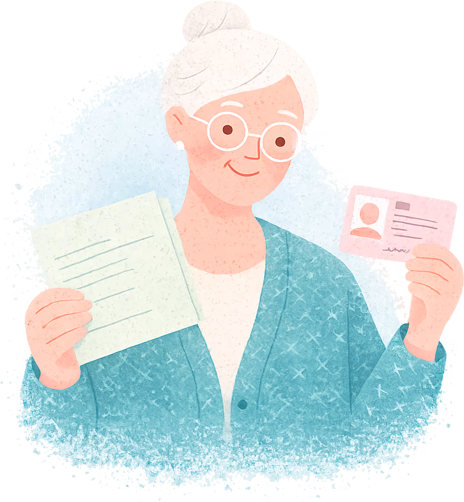 A smiling older woman with a white bun and round glasses in a teal cardigan, holding a folded pale green paper licence in one hand and a new pink photocard in the other
