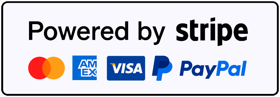 Powered by Stripe: Mastercard, American Express, Visa and PayPal