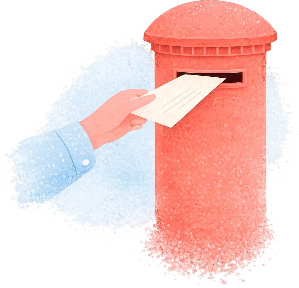 A red pillar post box with no lettering on it, and a hand in a pale blue cuff posting a long cream envelope