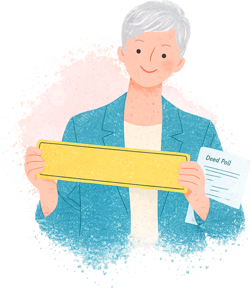 A smiling silver-haired woman in a teal blazer holding up a blank yellow number plate, with a Deed Poll tucked under her arm