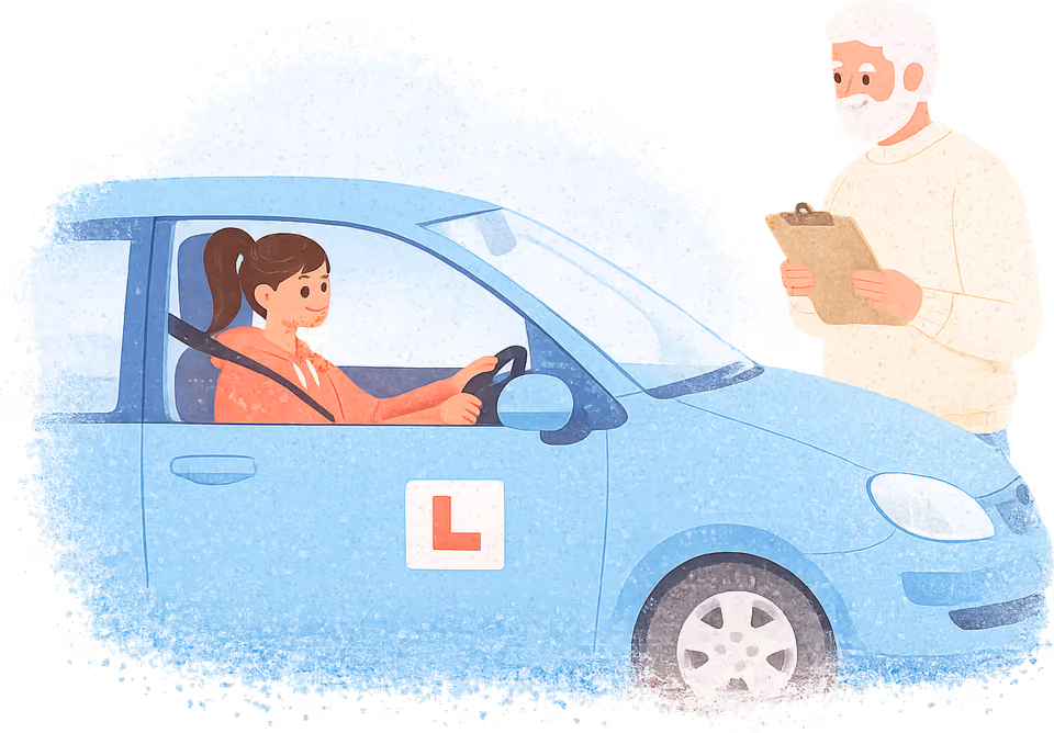 A teenage girl at the wheel of a small blue car with an L plate on the door, while an older bearded instructor with a clipboard stands beside it