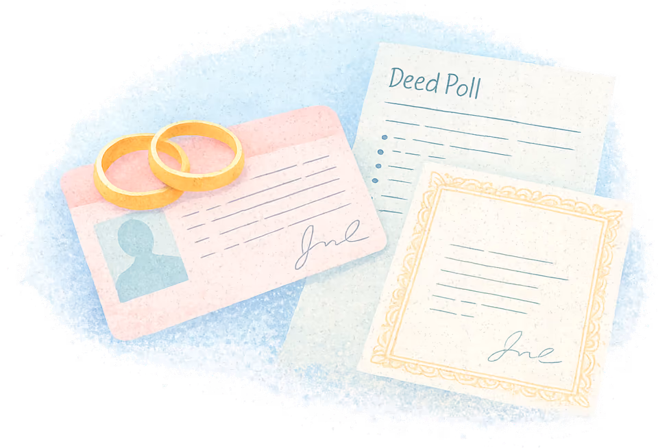 Two gold wedding rings resting on a pink driving licence card, beside a Deed Poll and a certificate with a gold border