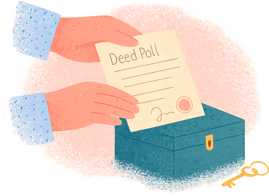 Two hands placing a Deed Poll into a document box, with its key beside it
