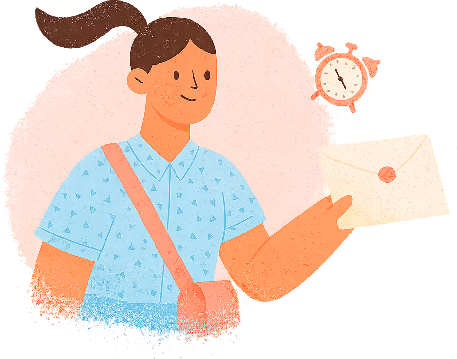 A smiling postwoman holding out a sealed envelope, with an alarm clock beside her