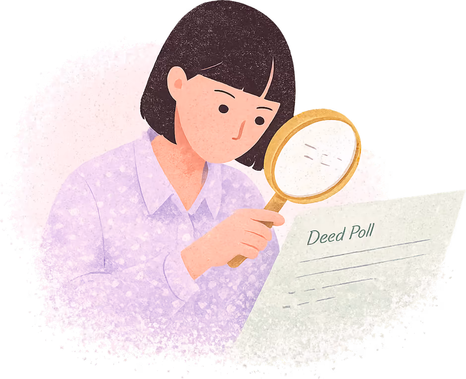 A young woman in a lilac shirt studying the corner of a Deed Poll through a brass magnifying glass