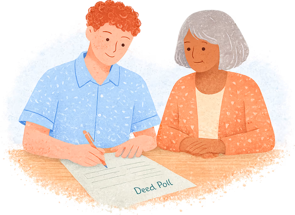 A young man with red curly hair and freckles in a blue shirt signing a pale green Deed Poll at a wooden table, pen in his right hand and his left hand flat on the paper, while an older woman with a grey bob in a coral cardigan watches beside him with her hands folded