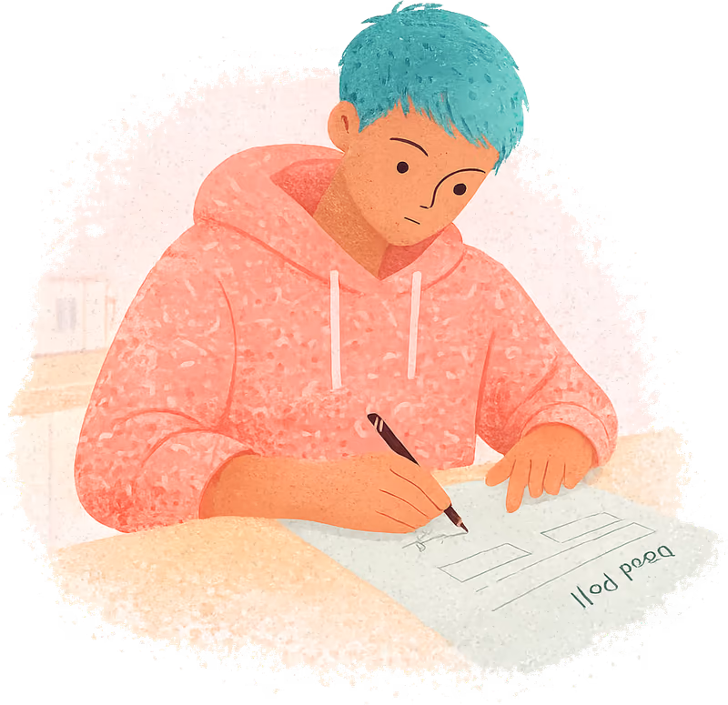 A teenager with teal hair and a coral hoodie signing a green Deed Poll at the kitchen table