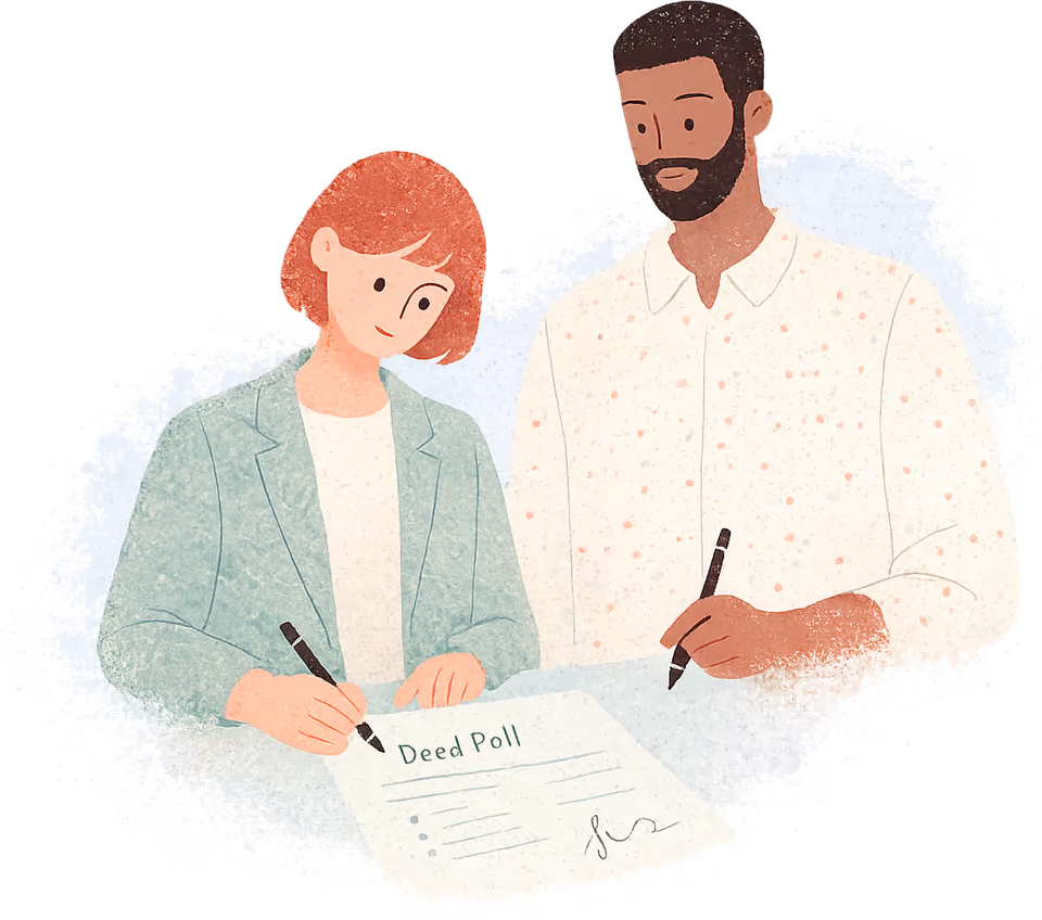 A woman with a red bob signing a Deed Poll as a witness, while a bearded man stands beside her holding a pen, waiting his turn