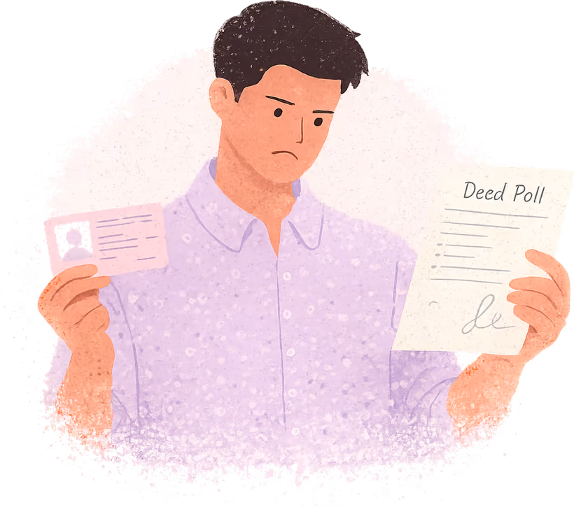 A young man with tidy black hair in a lilac shirt, frowning at a pink driving licence card in one hand while holding a Deed Poll in the other