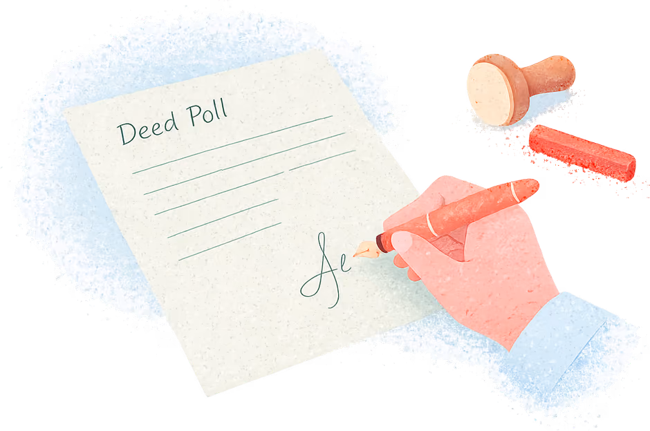 A hand signing a green Deed Poll with a coral fountain pen, with a rubber stamp and a stick of red sealing wax pushed aside unused