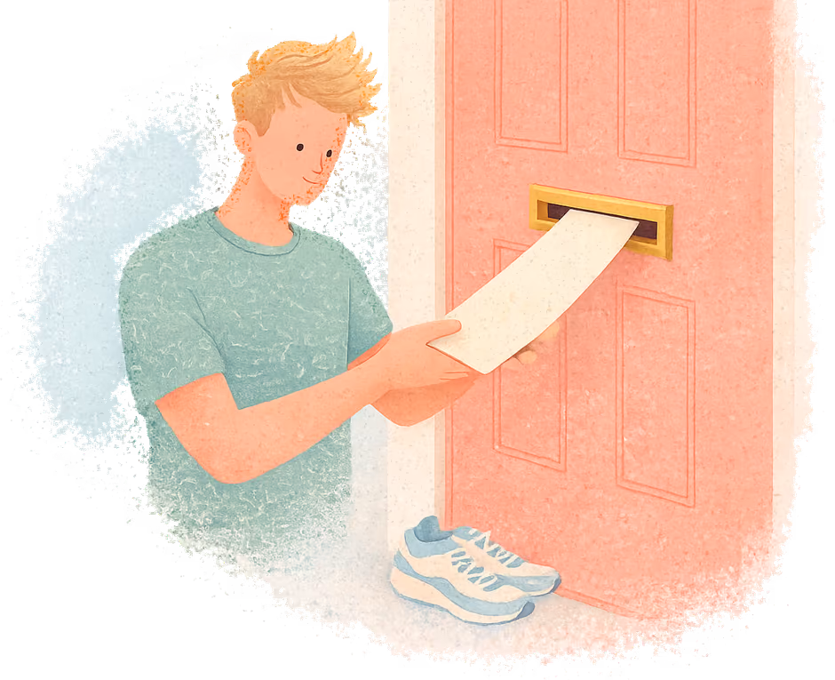 A young man in a sage T-shirt catching a long cream envelope as it comes through the letterbox of a coral front door