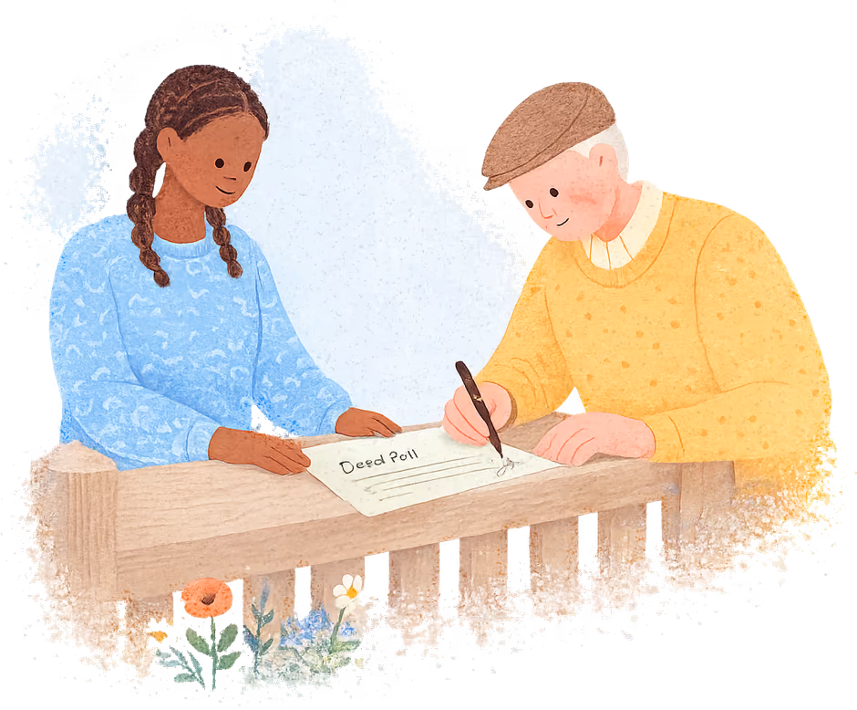 Two neighbours at a garden fence: a young woman with braids holds a Deed Poll flat while an older man in a flat cap signs it