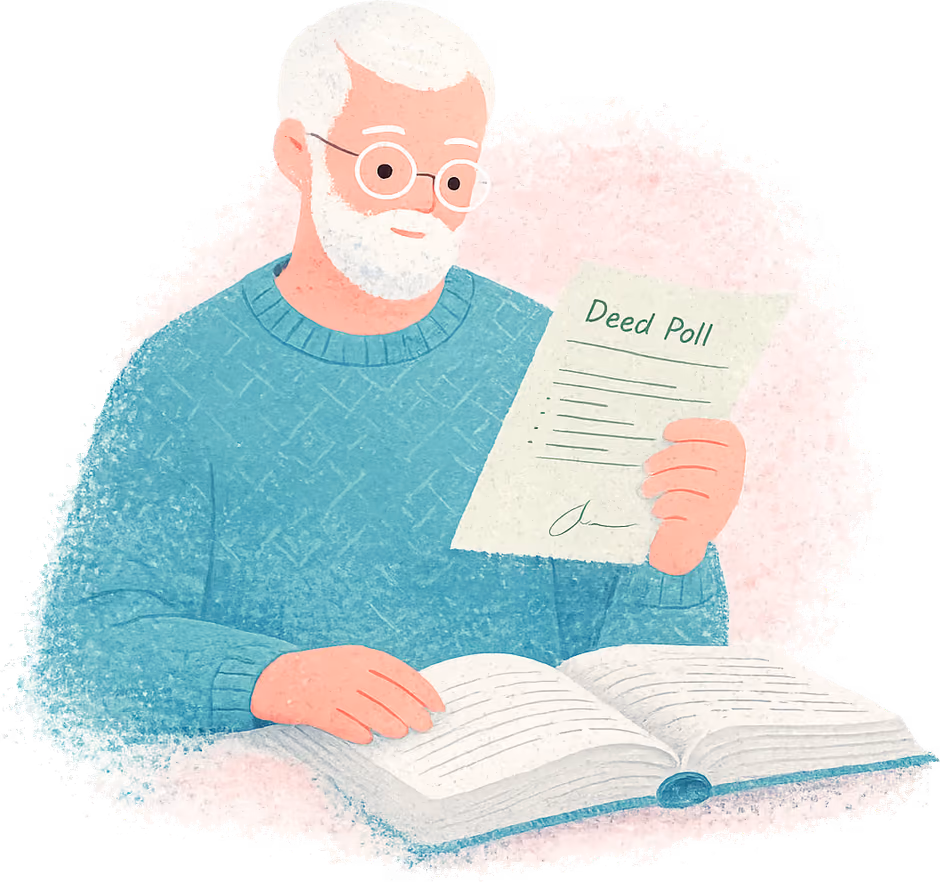 An older man with a white beard and round glasses in a teal jumper, holding a Deed Poll in one hand and resting the other on a thick open dictionary